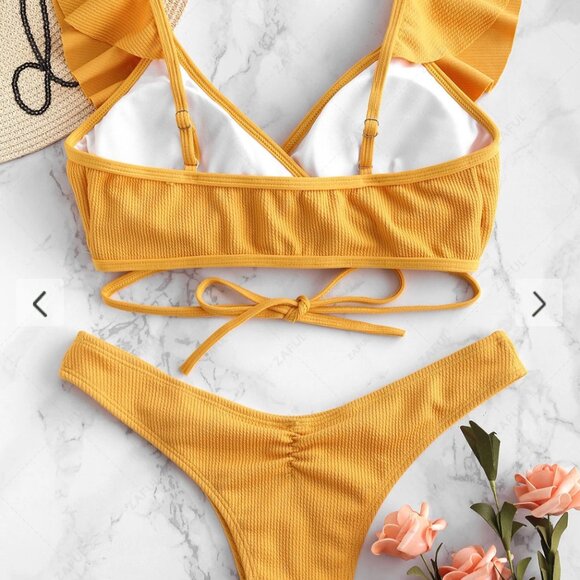 Zaful Yellow Bikini Set - Ribbed Scrunch Butt Wrap Bikini Set - Picture 5 of 8